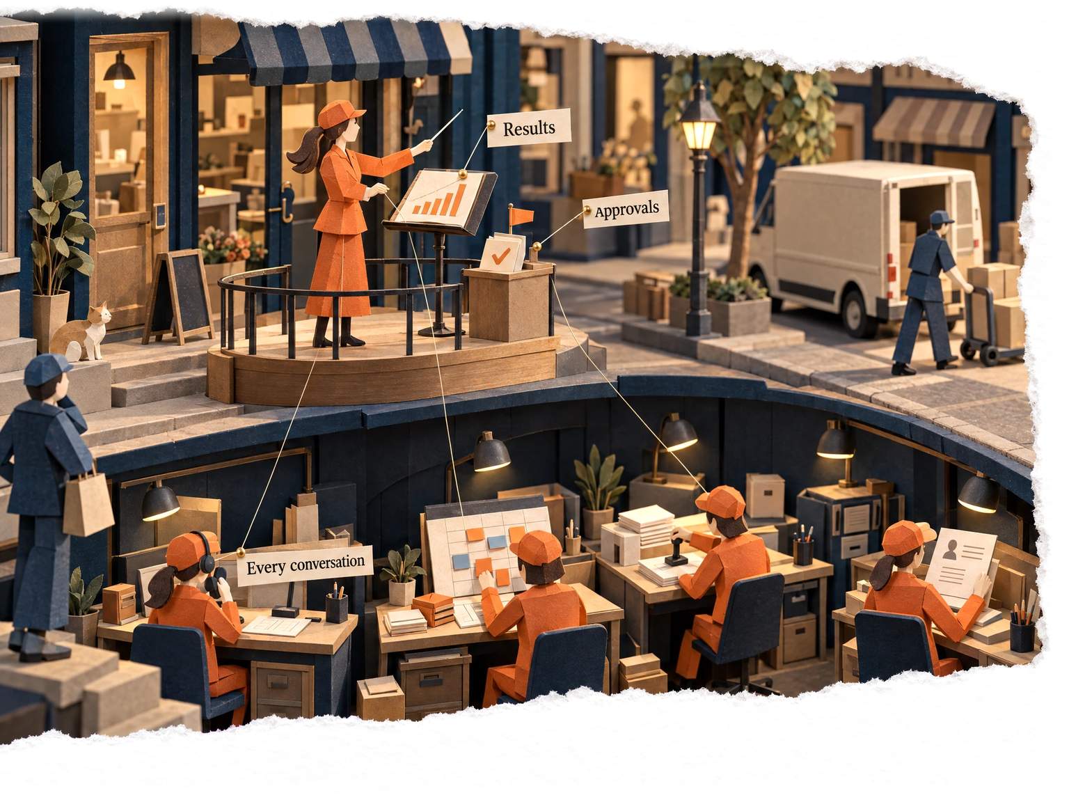 Papercut: the business owner conducts from a podium above the street, her score showing the month's results and one card waiting for approval; below, cut into the ground, her agents work at their desks, each tied to her baton by a fine thread.