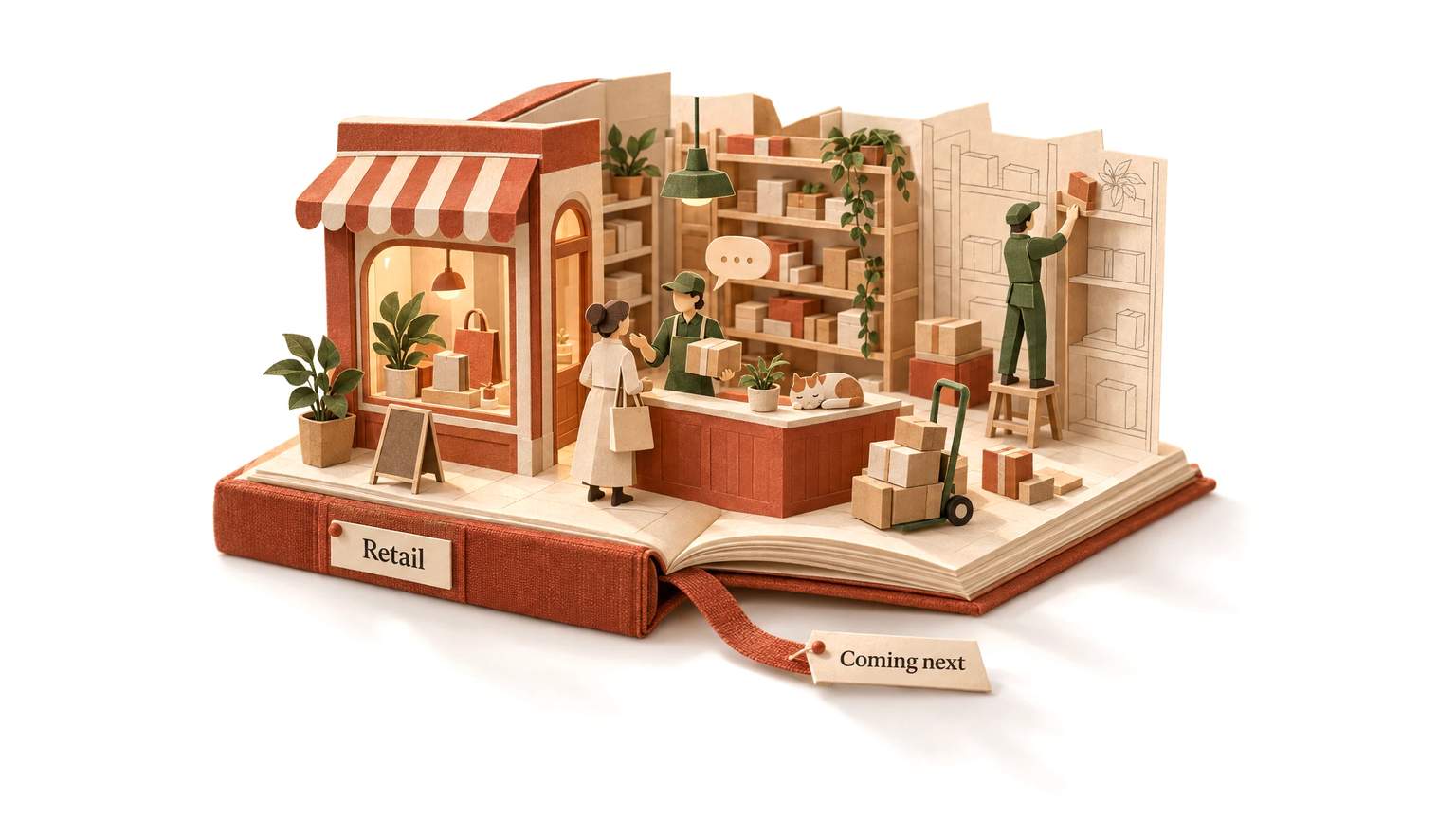 A pop-up field guide to retail and online stores, half written: part of its paper world still in pencil, an agent folding it upright.