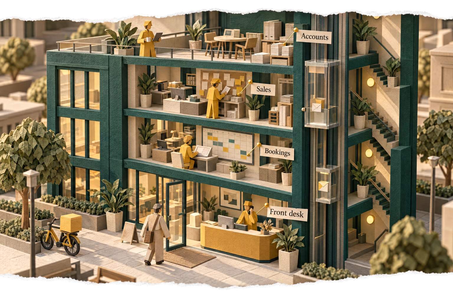 A paper-craft office building cut open floor by floor, an AI agent at work on every floor (the front desk, bookings, sales, accounts), messages riding a glass lift between them.