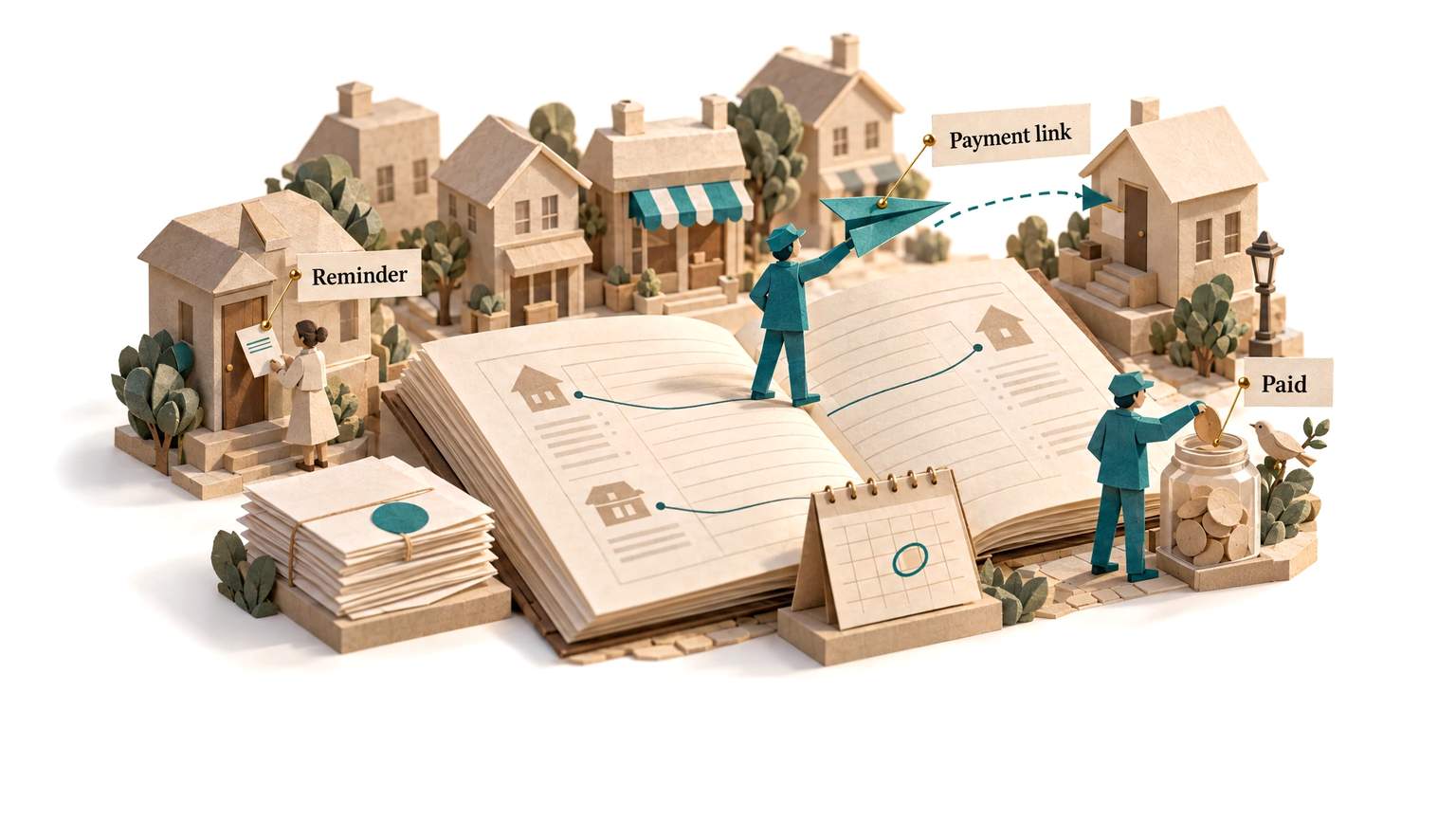 The AI Collections Agent at work, in paper craft: Reminds customers politely, sends the payment link and follows every promise to pay.