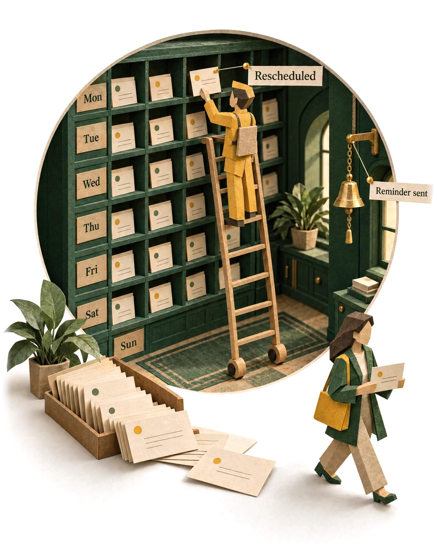 The AI Booking Coordinator at its desk, in paper craft, seen through a window cut in the page.
