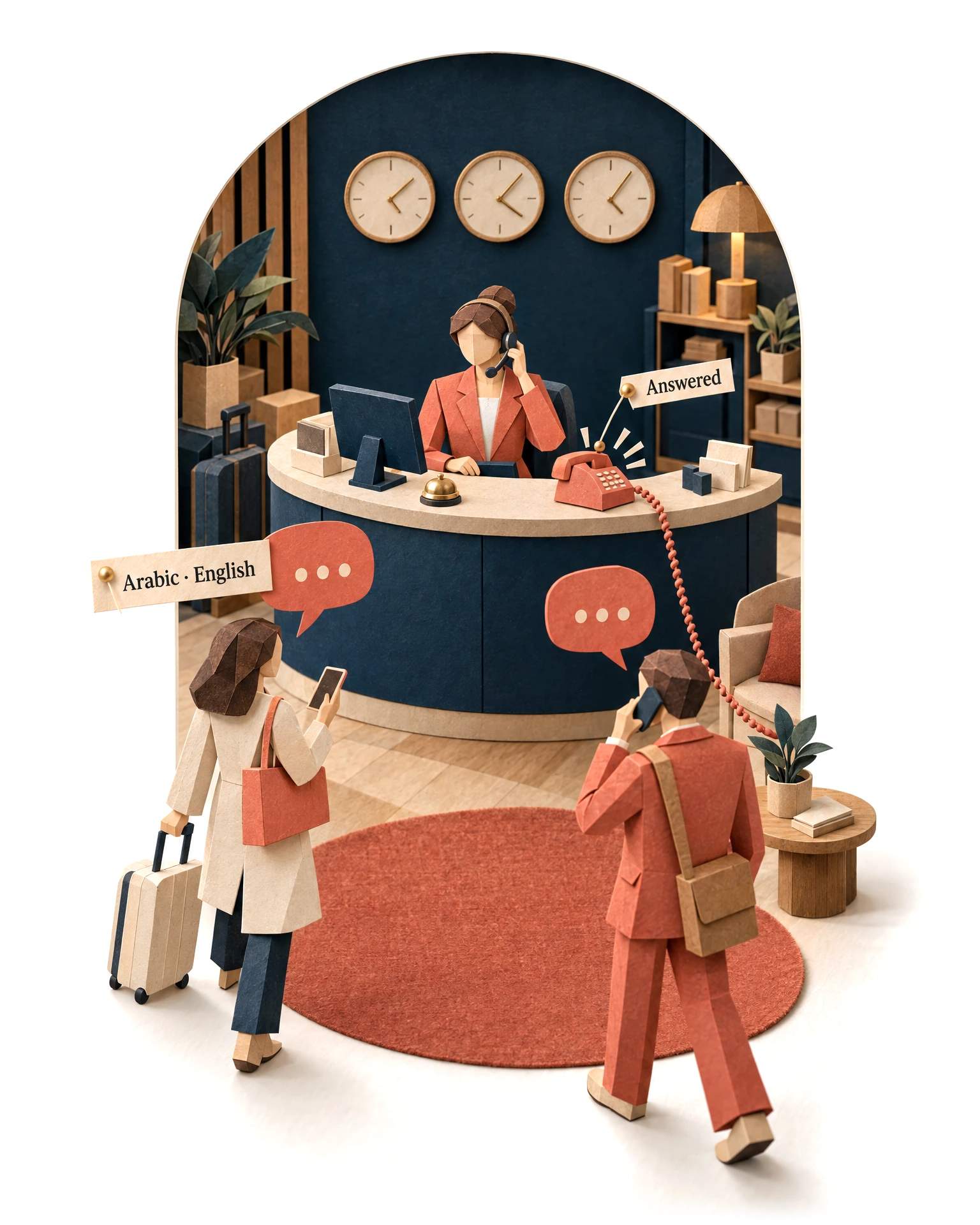The AI Receptionist at its desk, in paper craft, seen through a window cut in the page.