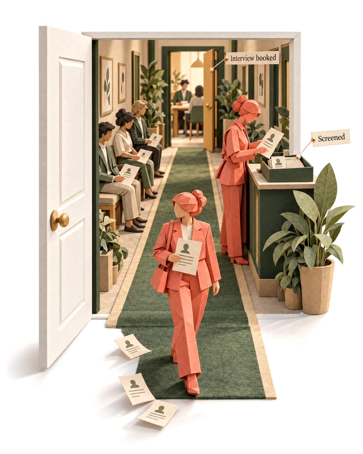 The AI Recruiter at its desk, in paper craft, seen through a window cut in the page.