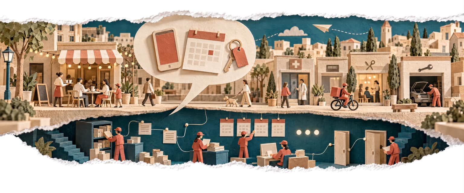 A two-tone papercut: from a café on a sand street of small businesses a question bubble rises into the blue sky; below it the answer bubble is cut into the ground, opening onto the agent world at work.