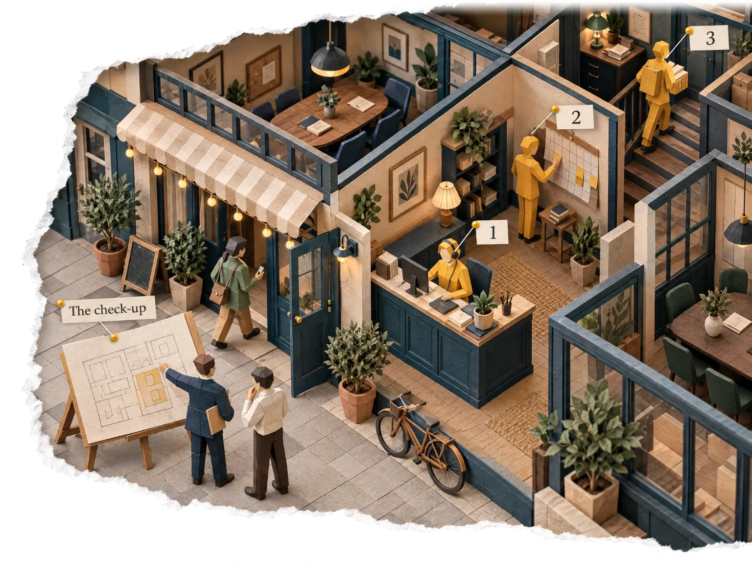 Paper-craft miniature: a business cut open like a dollhouse, three agents in saffron paper taking their places in order (the front desk, the calendar wall, the back office) while the owner and an adviser go over the check-up plan outside.