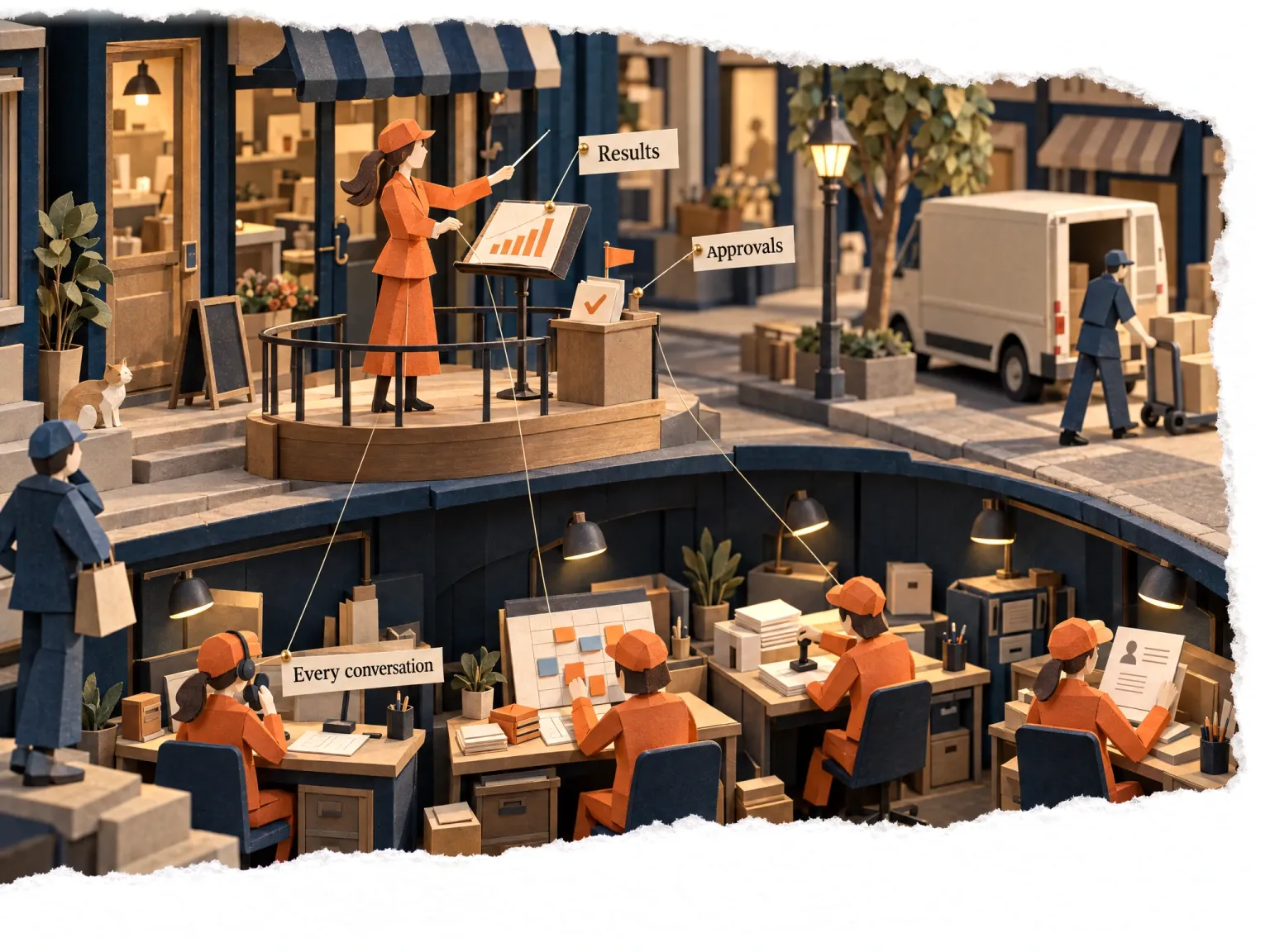 Papercut: the business owner conducts from a podium above the street, her score showing the month's results and one card waiting for approval; below, cut into the ground, her agents work at their desks, each tied to her baton by a fine thread.