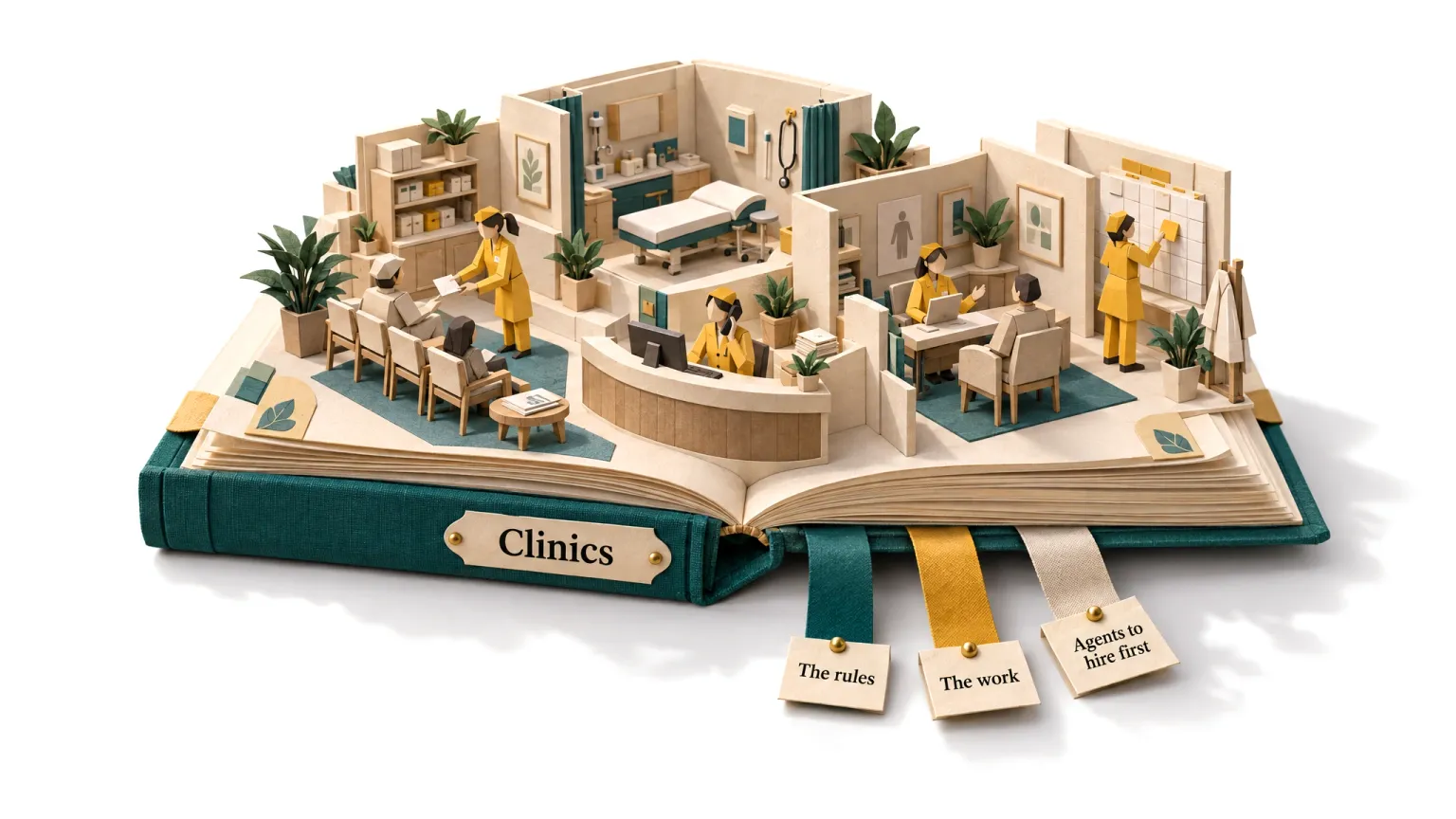 A pop-up field guide to clinics, open, its pages folded up into a working clinic, the agents at work in yellow paper.
