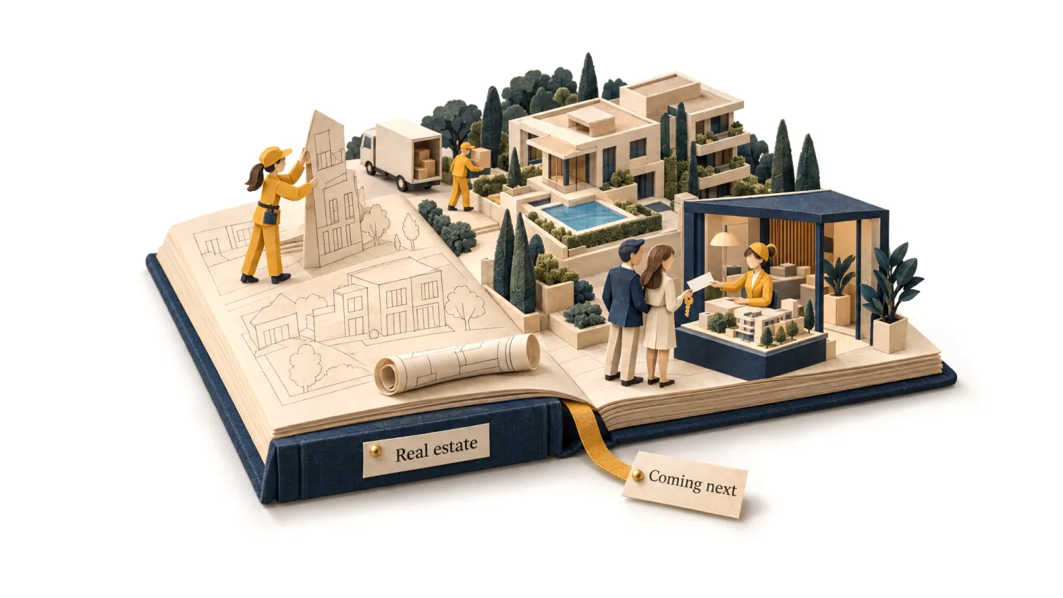 A pop-up field guide to real estate, half written: part of its paper world still in pencil, an agent folding it upright.