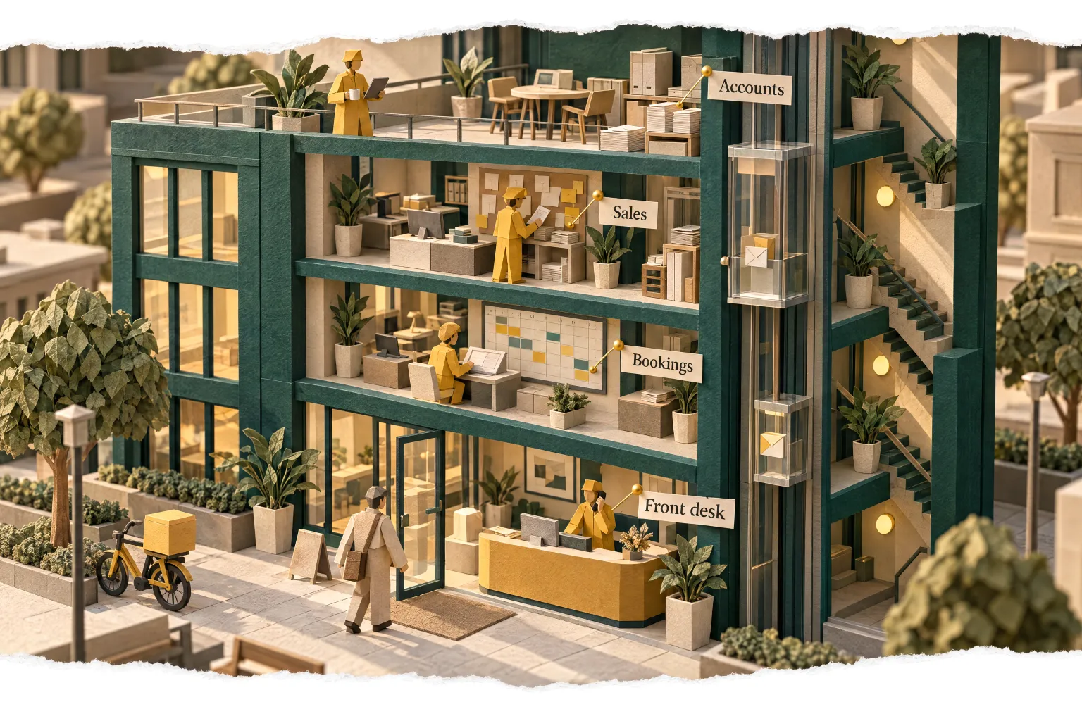 A paper-craft office building cut open floor by floor, an AI agent at work on every floor (the front desk, bookings, sales, accounts), messages riding a glass lift between them.