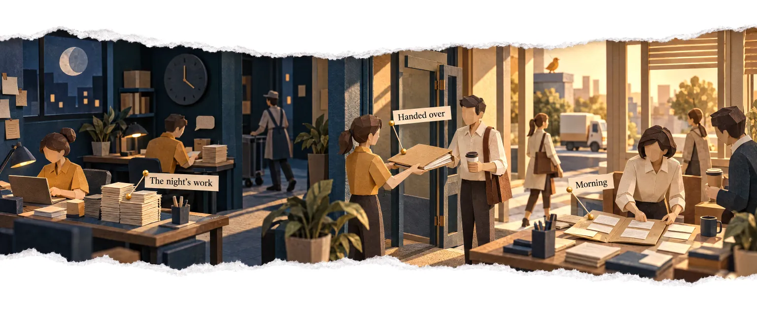 Agents handing the night's work to the morning staff at dawn.