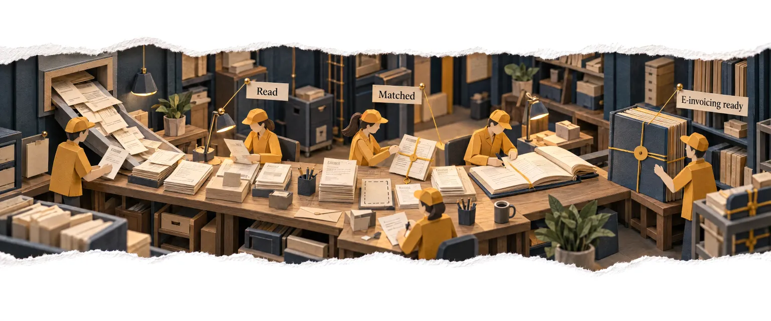 A paper bindery-office where accounts clerk agents read, enter and match every document.