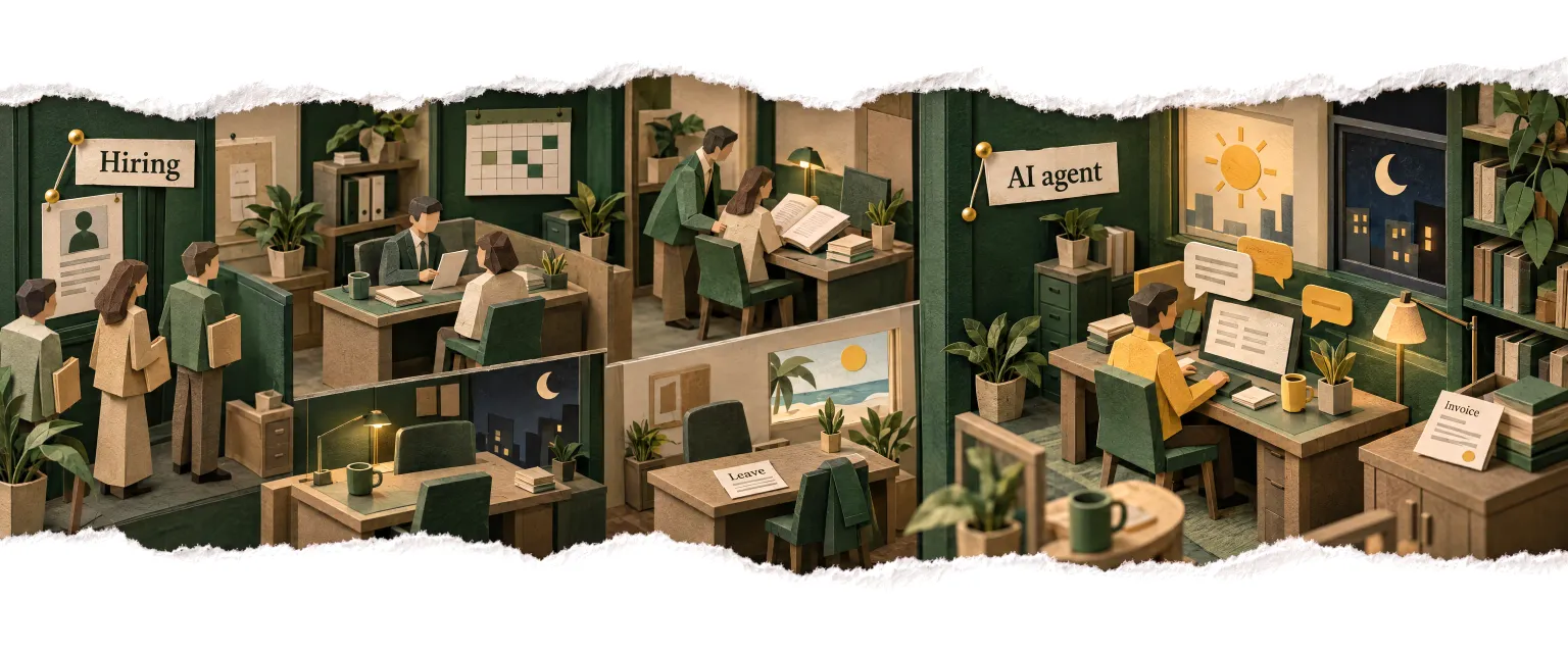 Hiring and an AI agent side by side: interviews and training on one side, a desk lit day and night on the other.