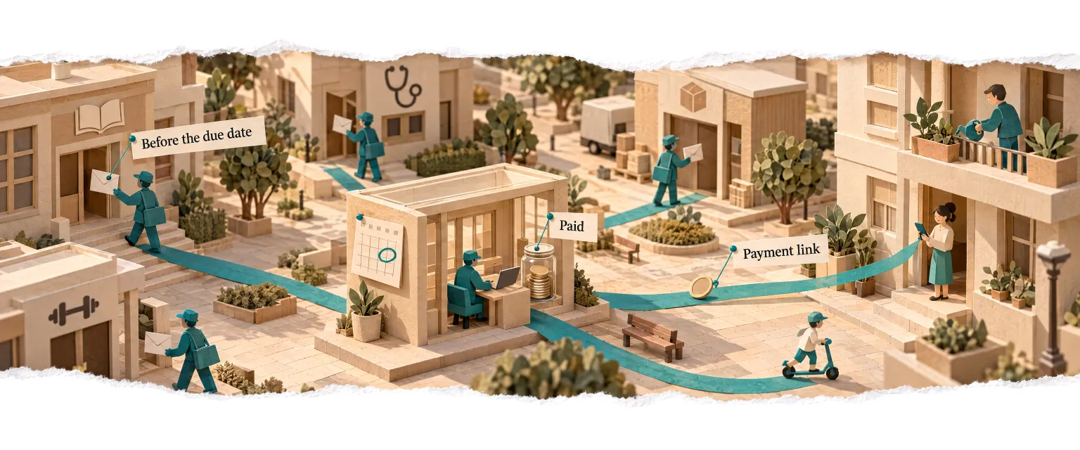A paper neighbourhood where collections agents deliver polite reminders and payments come back to a jar.