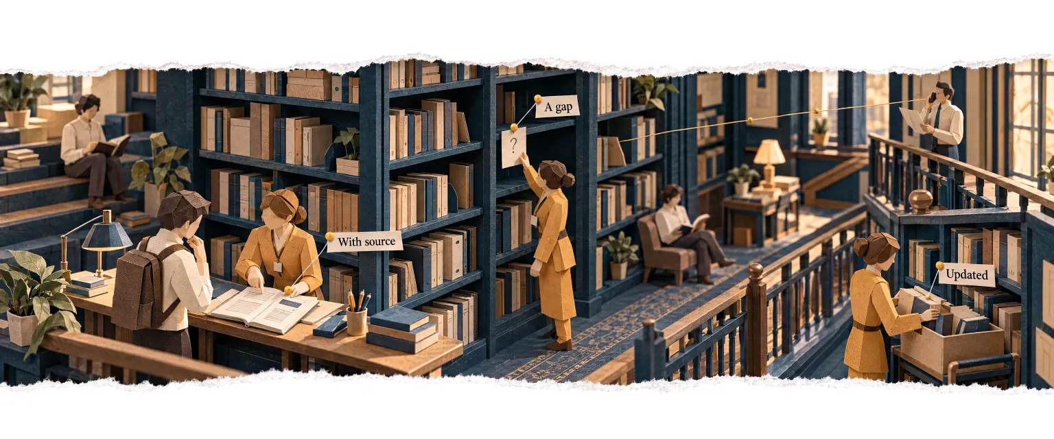 A long library gallery through the company brain agent's day, answering with sources and showing the gaps.