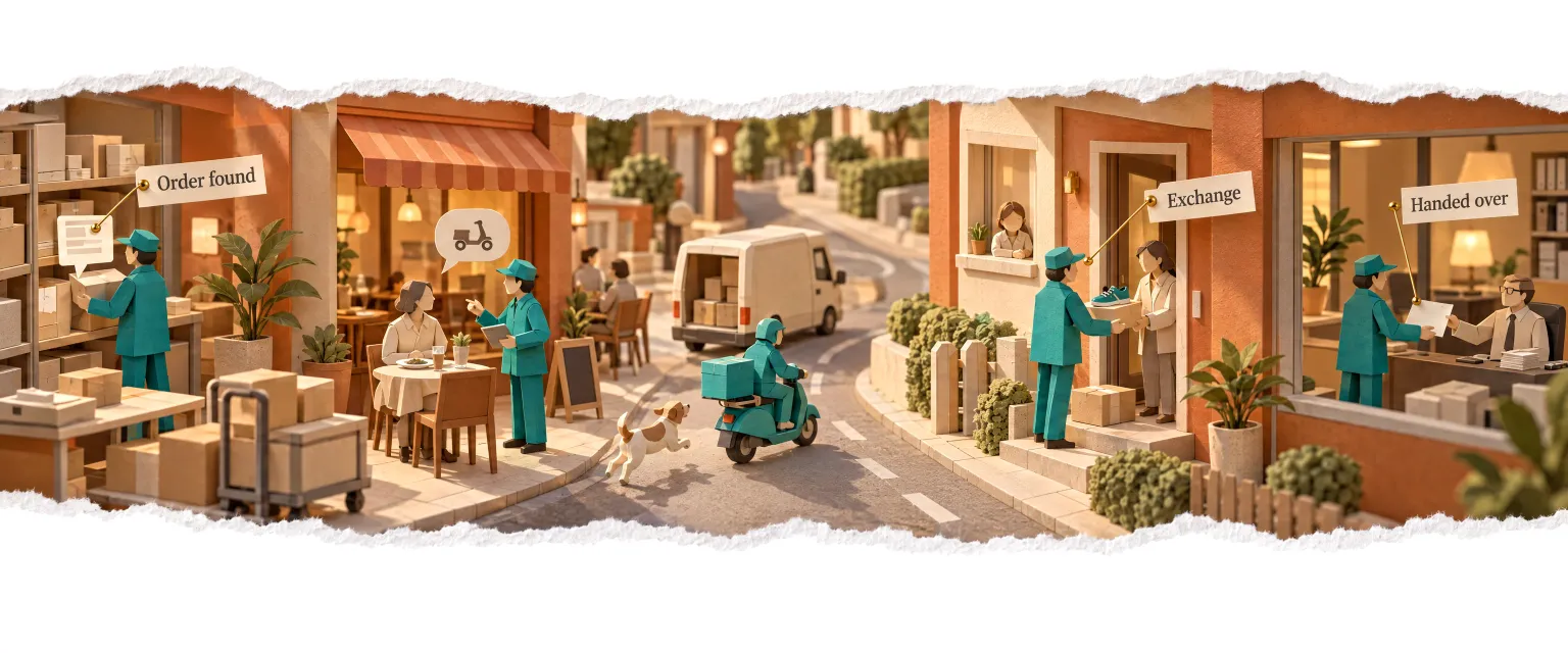 One long delivery road through the customer service agent's day, from finding an order to handing over a complaint.