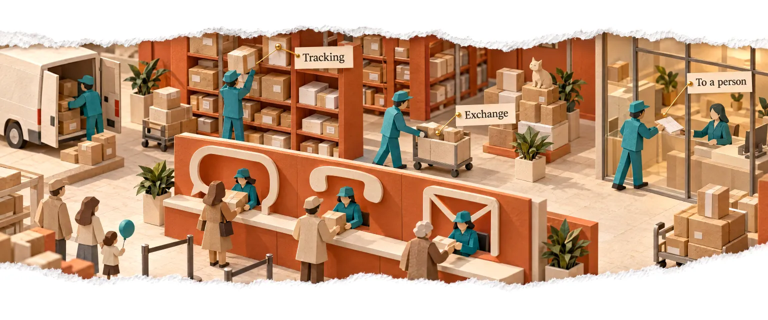 A paper parcel hall where customer service agents find orders, start exchanges and hand complaints to a person.