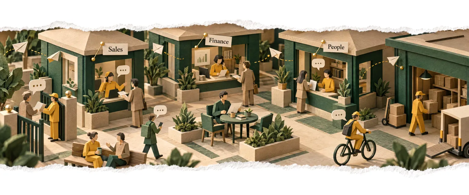 A campus of pavilions where agents catch every question while the owner reads calmly in the square.