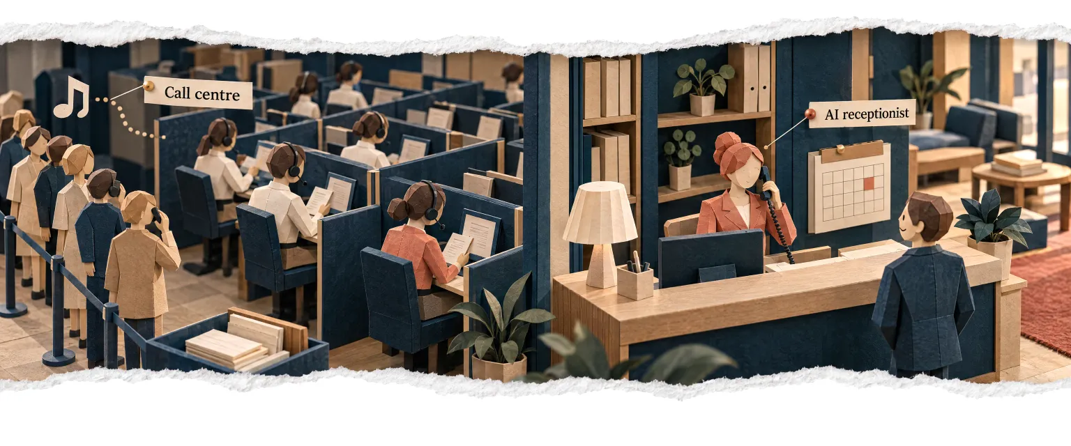 A distant call centre with callers on hold beside the receptionist agent answering at the business's own desk.
