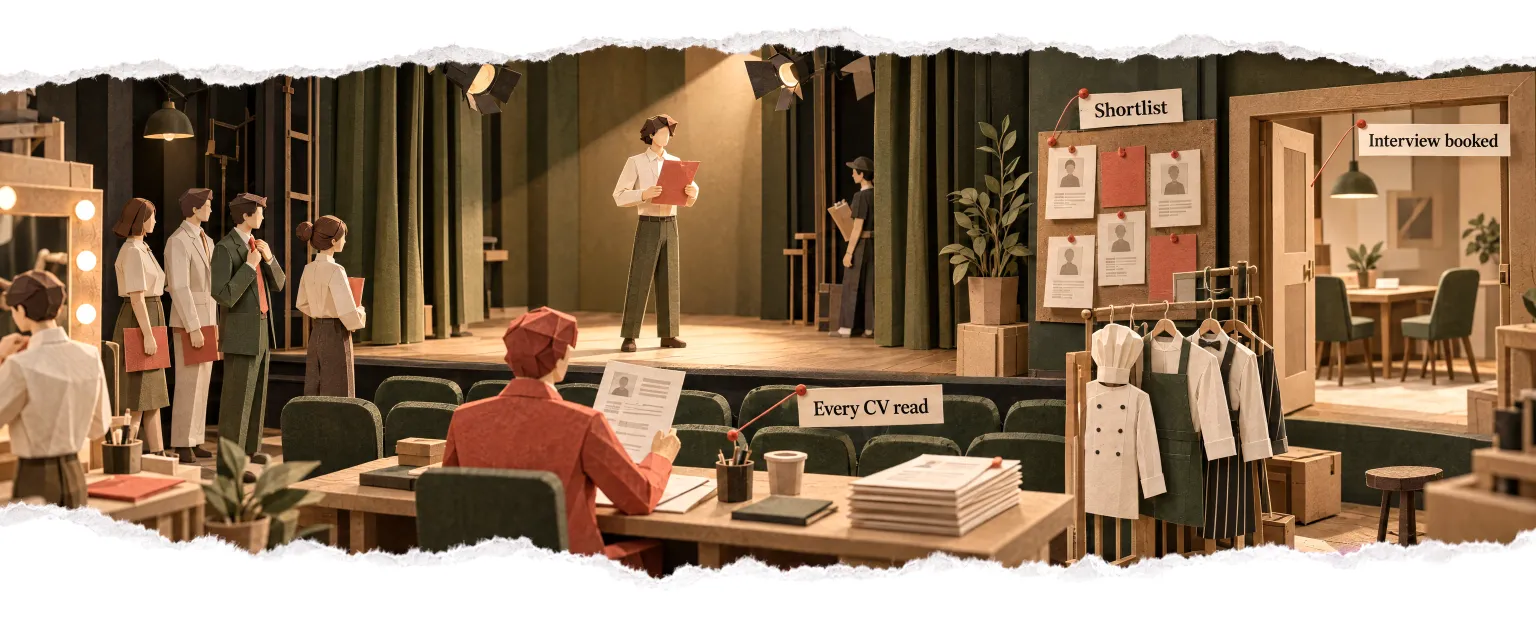 A paper theatre where the recruiter agent reads every candidate's CV and builds the shortlist.