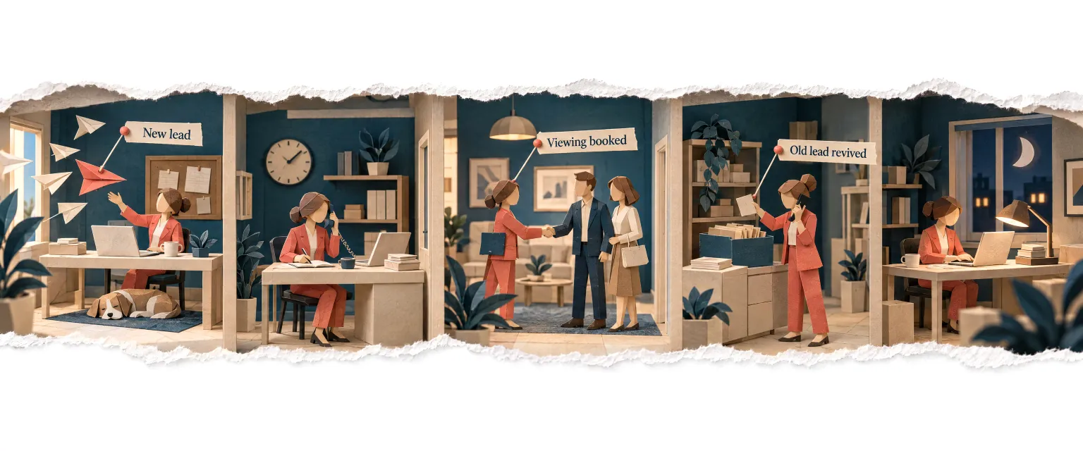 A row of rooms showing the sales agent's day, from the first lead to a revived old one.
