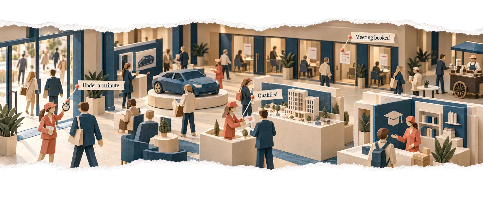 A paper exhibition hall where sales agents greet every visitor within a minute and book meetings.