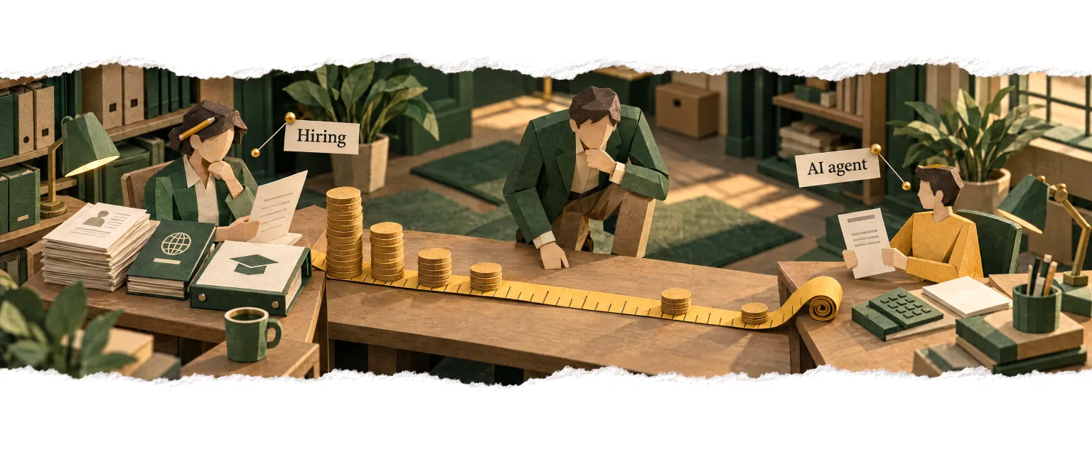 A measuring tape between a hired person's desk and an agent's desk, coins stacked along it.