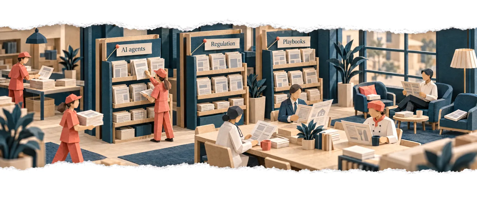 A paper reading room where business owners read the articles and agents bring the new ones to the racks.