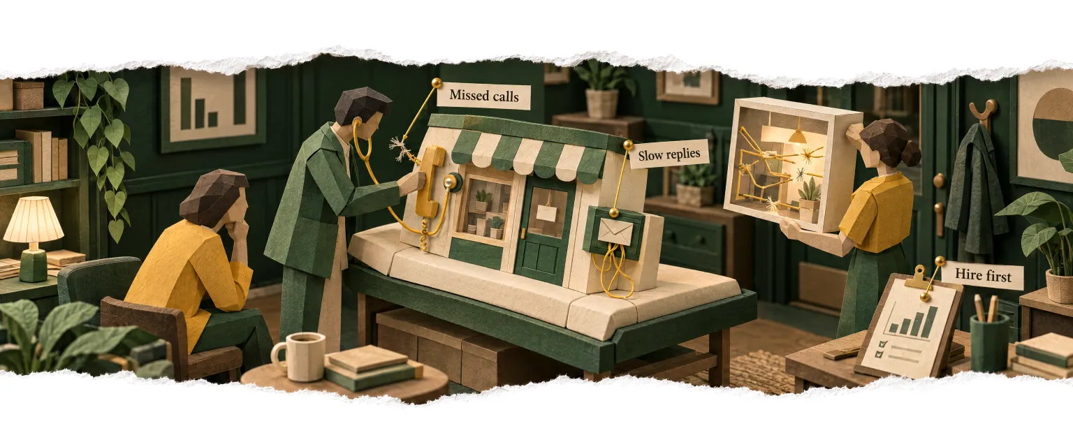Consultants giving a paper model of a business a check-up, finding where it loses customers.