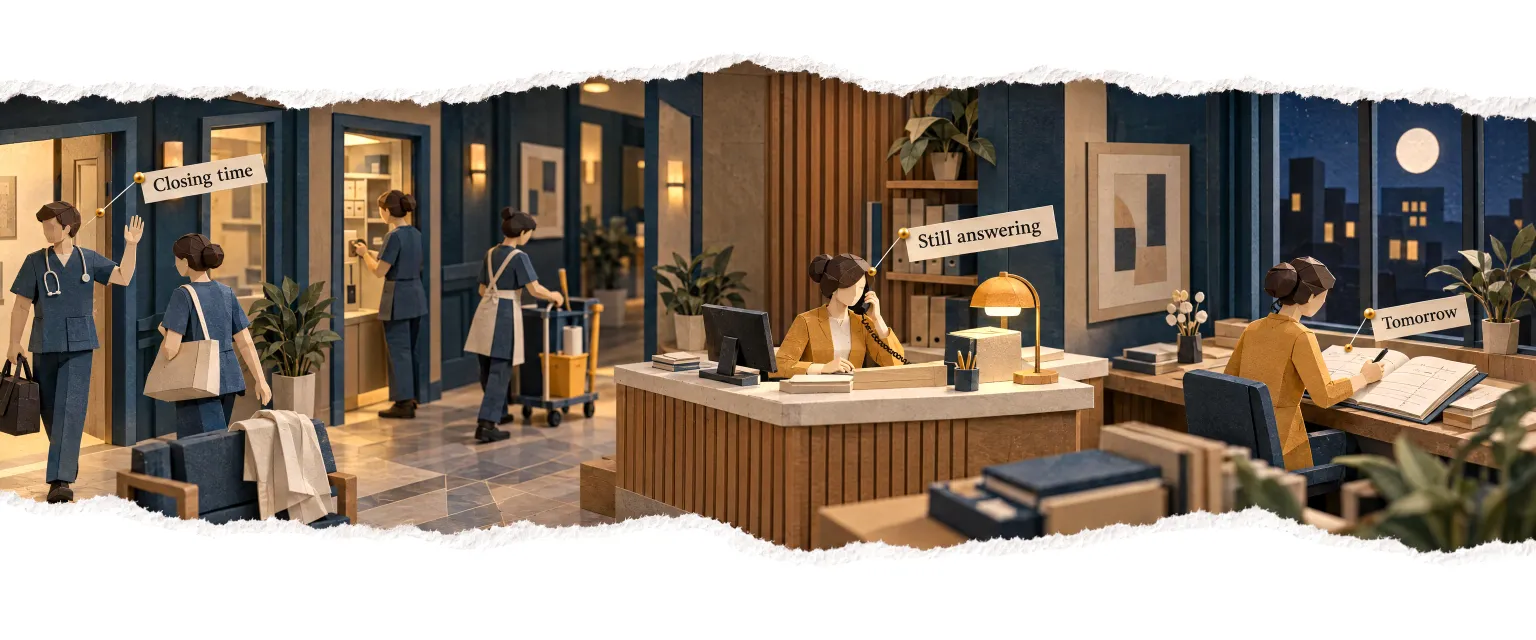 A clinic at closing time, staff leaving while the agent keeps answering.