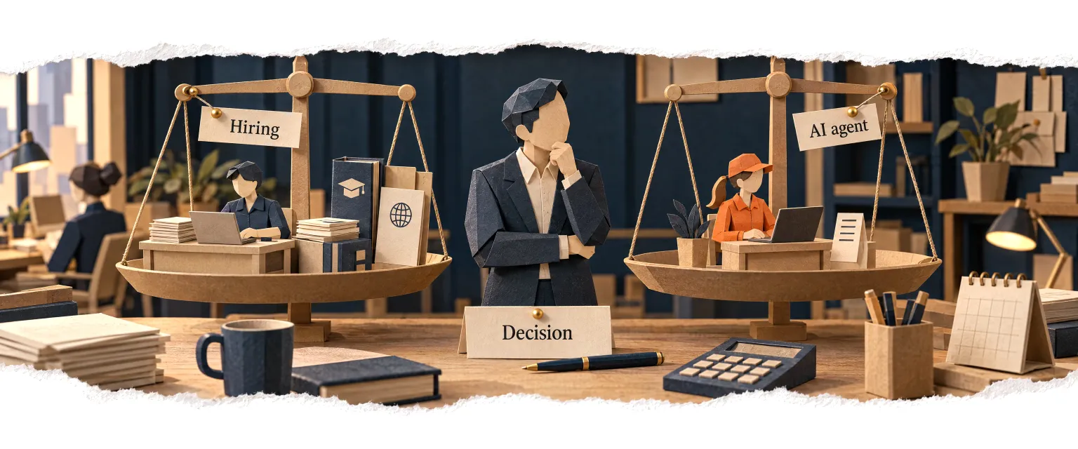 Two balance scales, hiring and an AI agent, with the owner deciding between them.