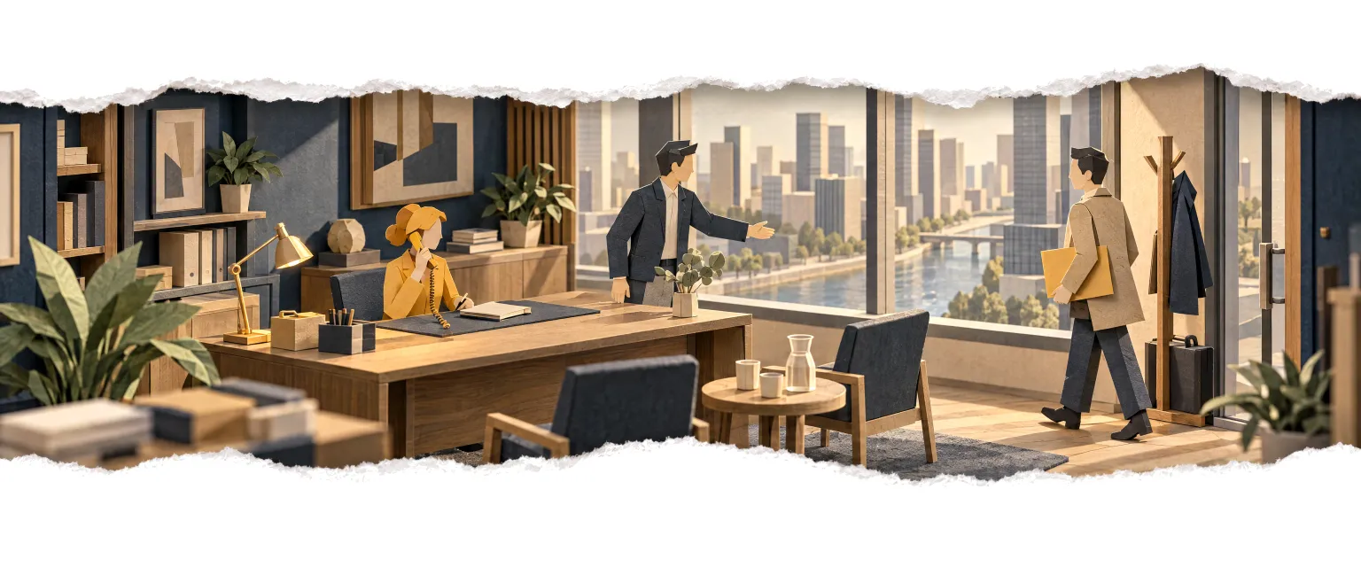 A desk on a high floor where a visitor is welcomed while the agent answers the phone.