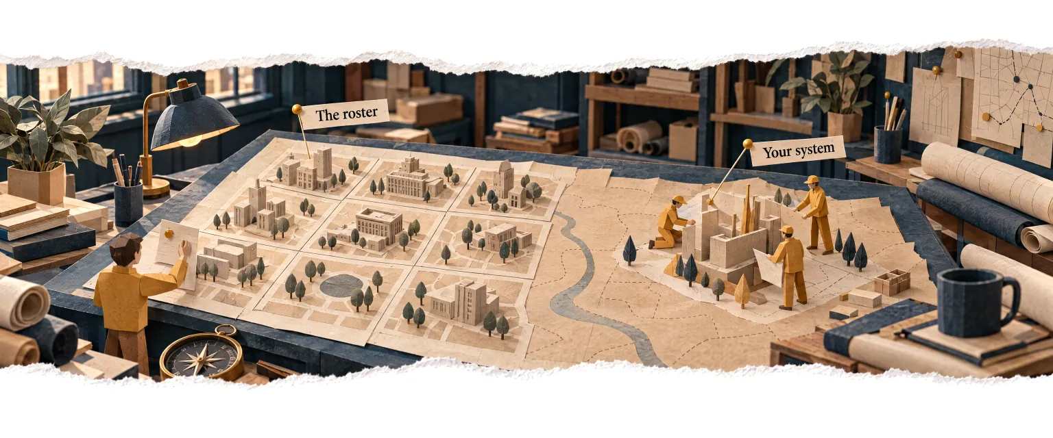 A map room where a team builds a custom system beyond the nine roster districts.