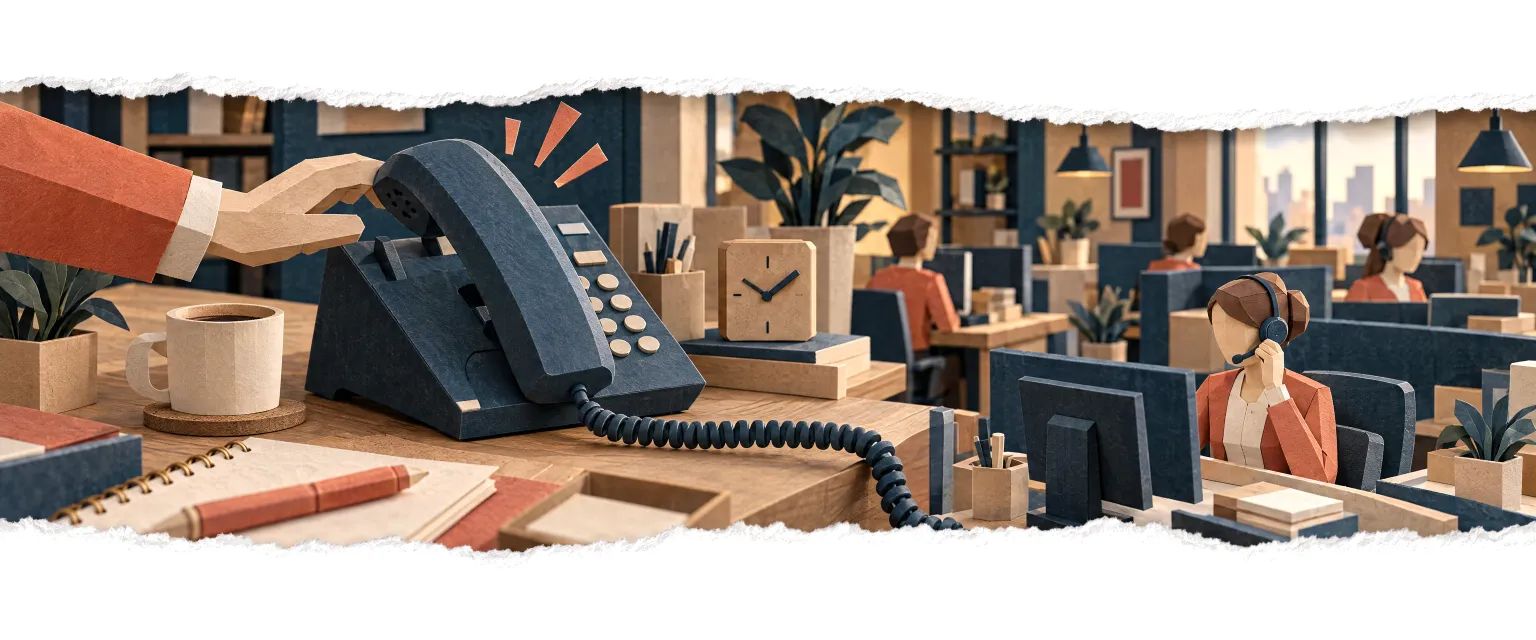 A ringing phone on a desk whose cord leads to the agent, already answering.