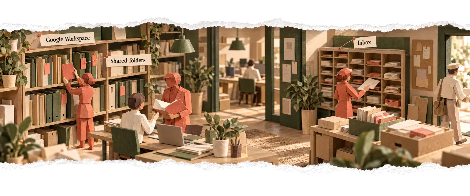 Shared folders and a mail room, the agents reading only what the company shared.