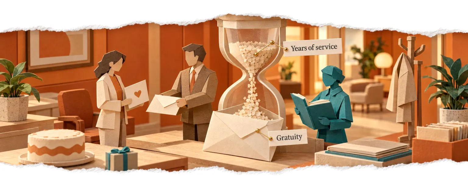 An hourglass of years of service pouring into a gratuity envelope.