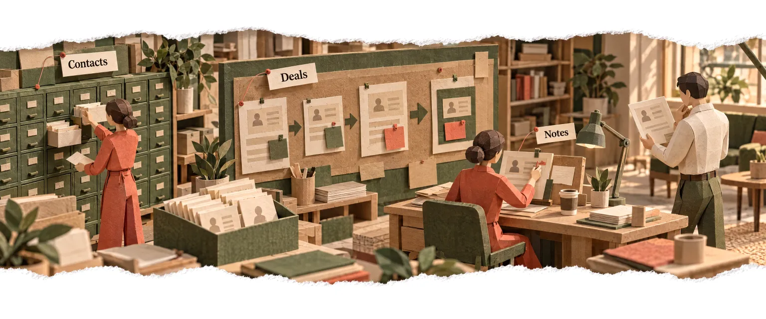 A record hall of contacts and deals, the agent adding a note after a conversation.