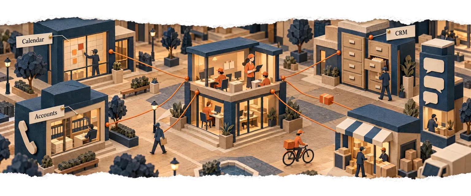 A paper town of a business's systems, all wired by threads to the agents' office.