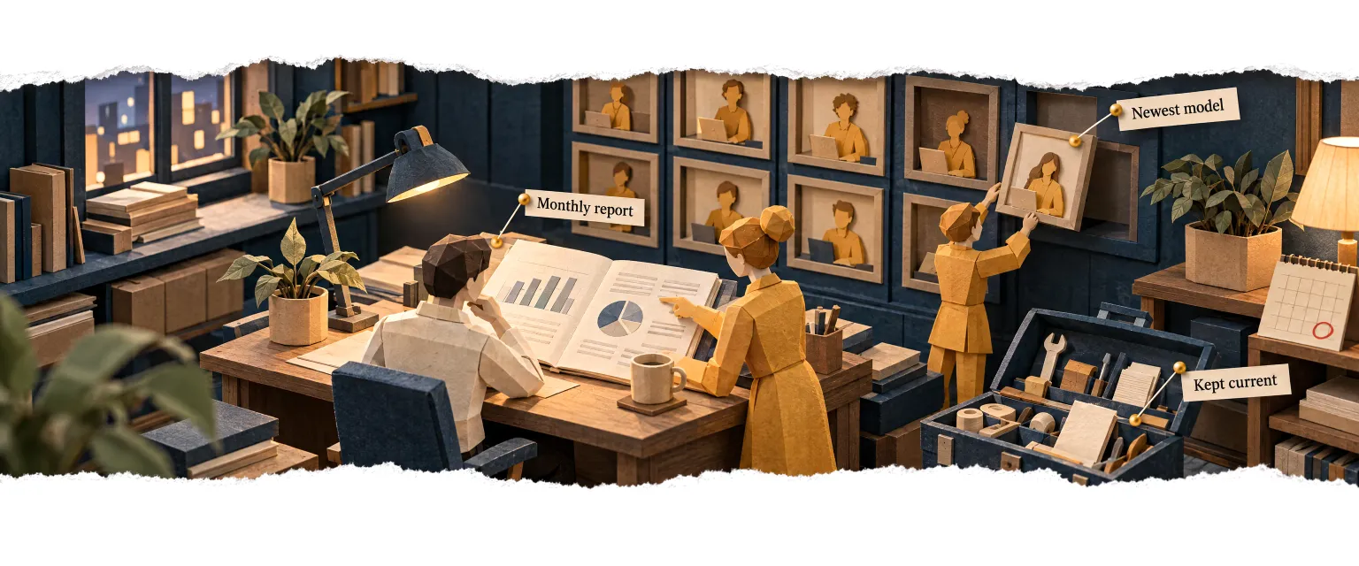 An engineer and an agent reading the monthly report and replacing one agent with the newest model.