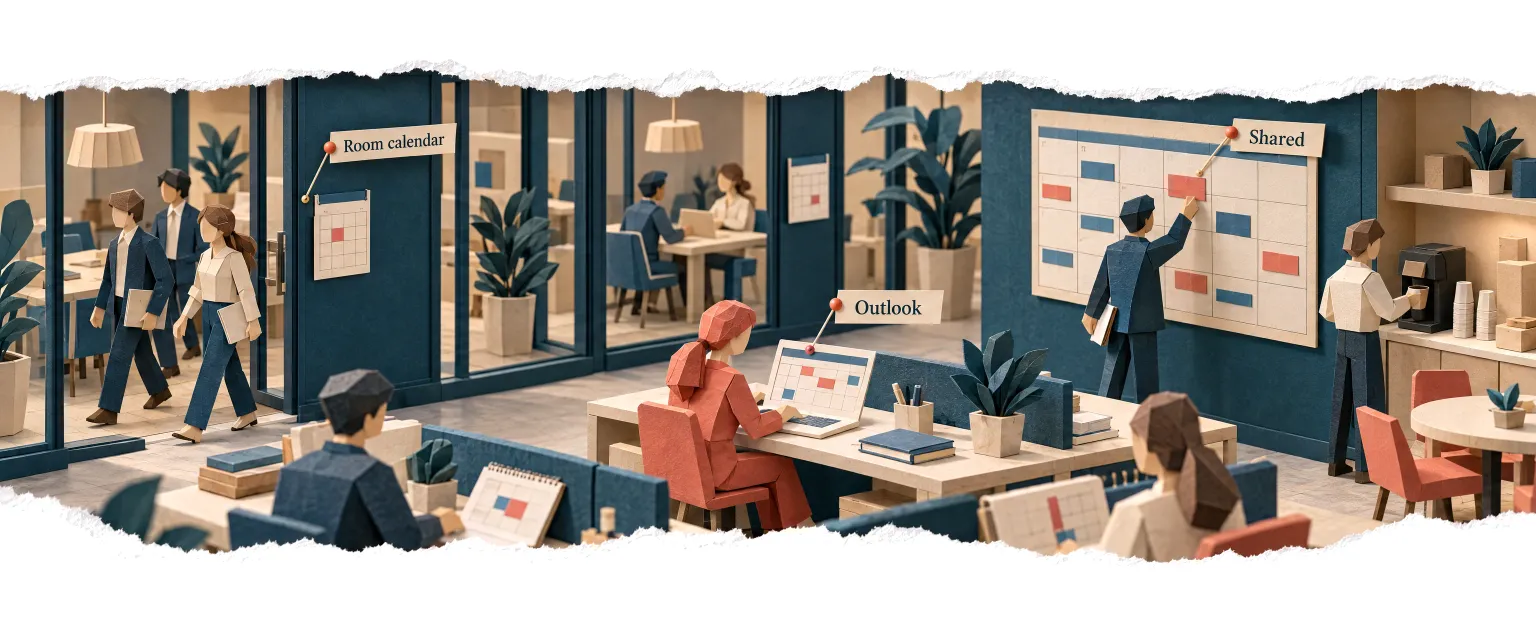 An office floor of shared and room calendars, the agent booking a room and a slot together.