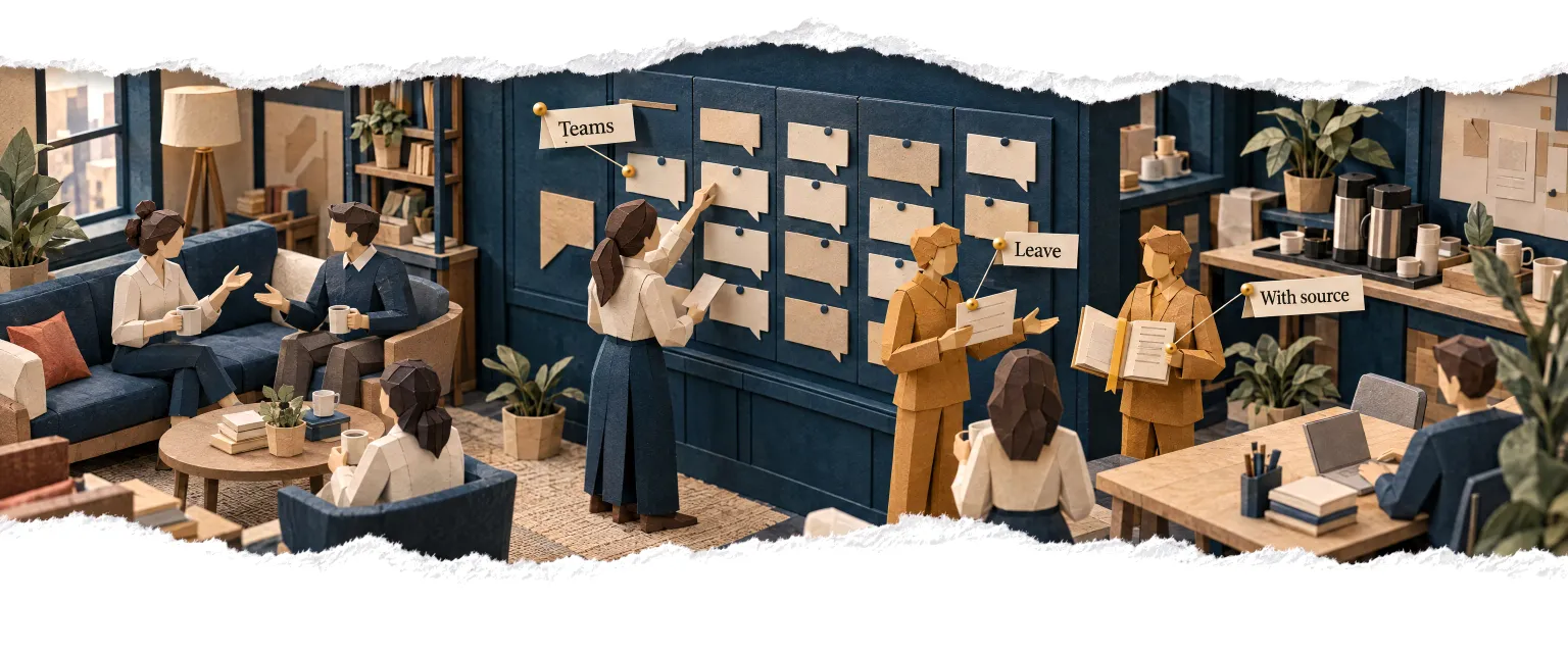 A staff room's shared chat wall where two agents answer staff questions.