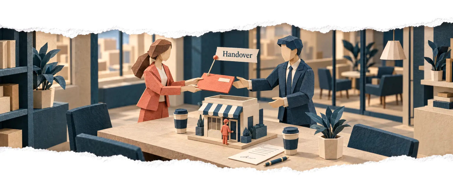 Two partners passing a client's folder across a table.