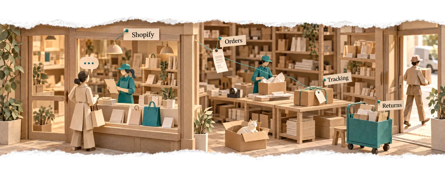 A shop and its back room, the agent reading an order to answer a customer.