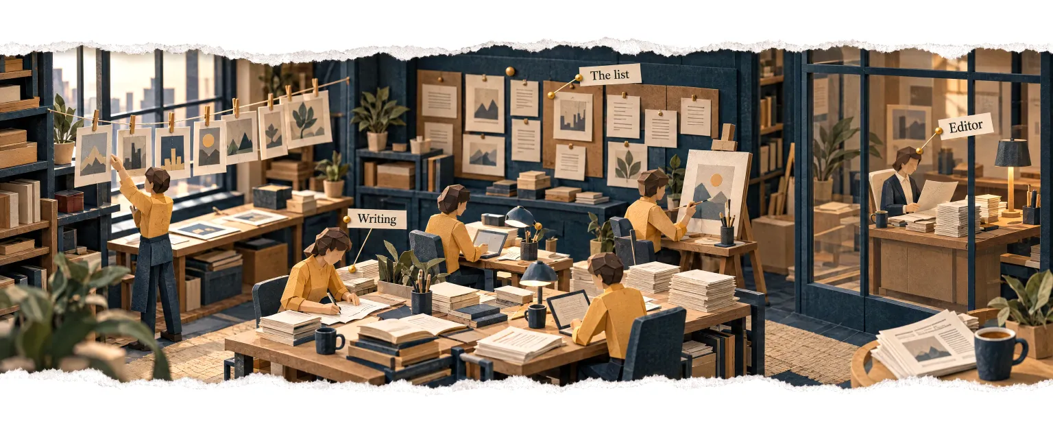 A paper newsroom of agents writing and painting, the day's list on the wall and an editor in charge.