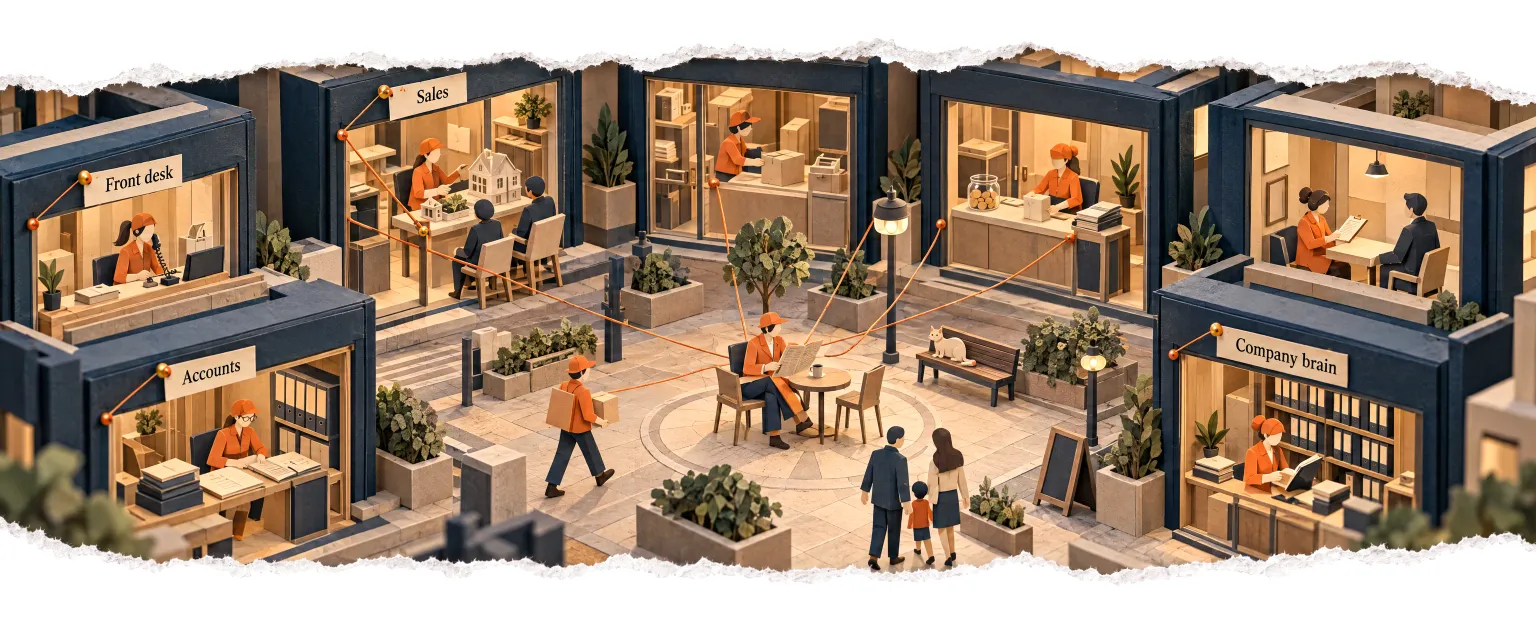 Nine small offices around a plaza, each with an AI agent at a different job.