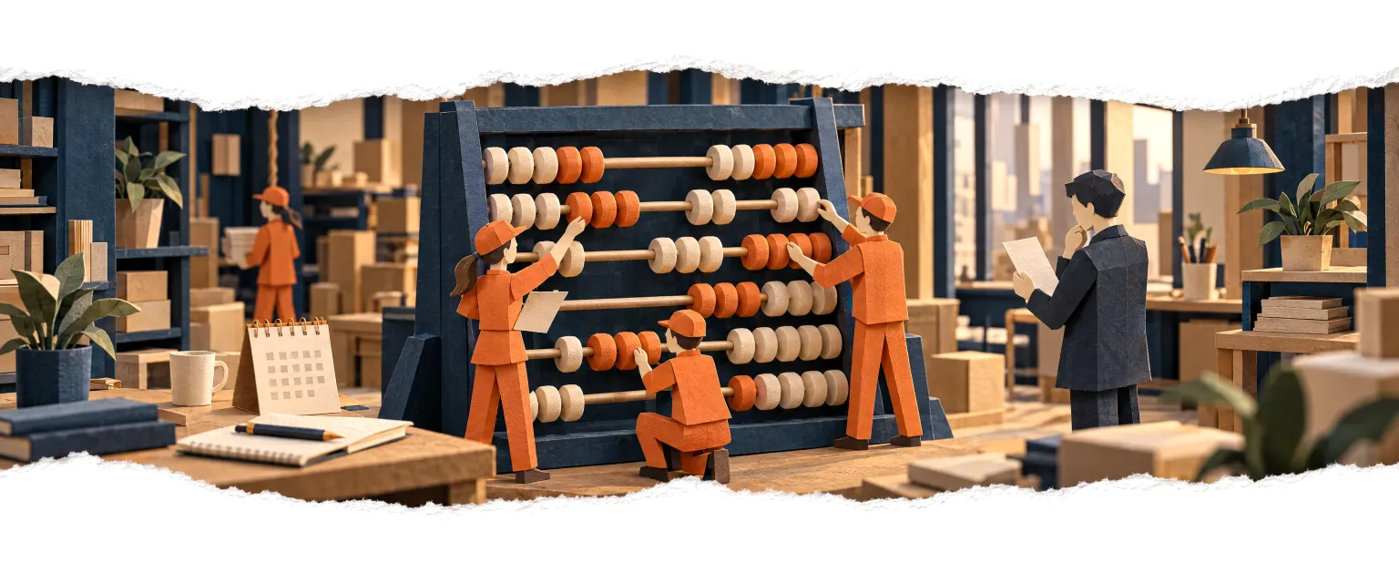 Agents sliding the beads of a large paper abacus for a business owner.