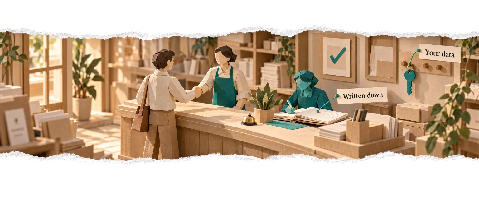 An owner and a customer shaking hands across a counter while the agent keeps the record.