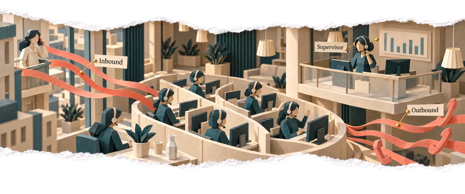 A paper contact centre of agent booths with a person supervising from a mezzanine.