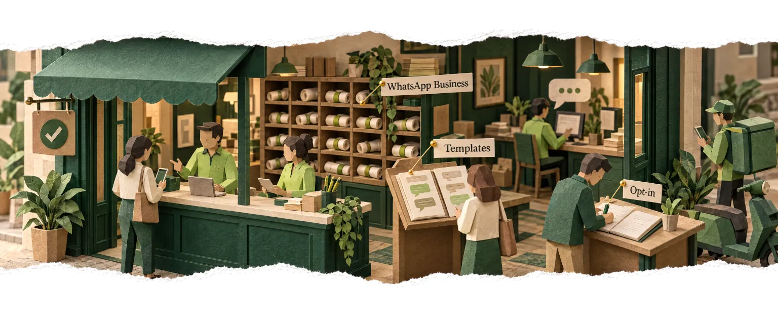 WhatsApp Business as a paper house of conversations, agents replying at its counter.