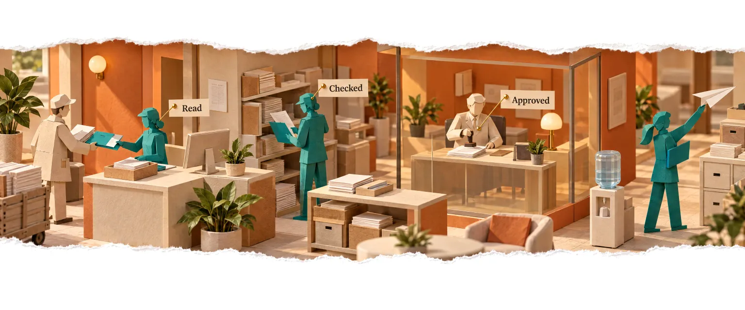 An invoice passed hand to hand through an office: read, checked, approved and paid.