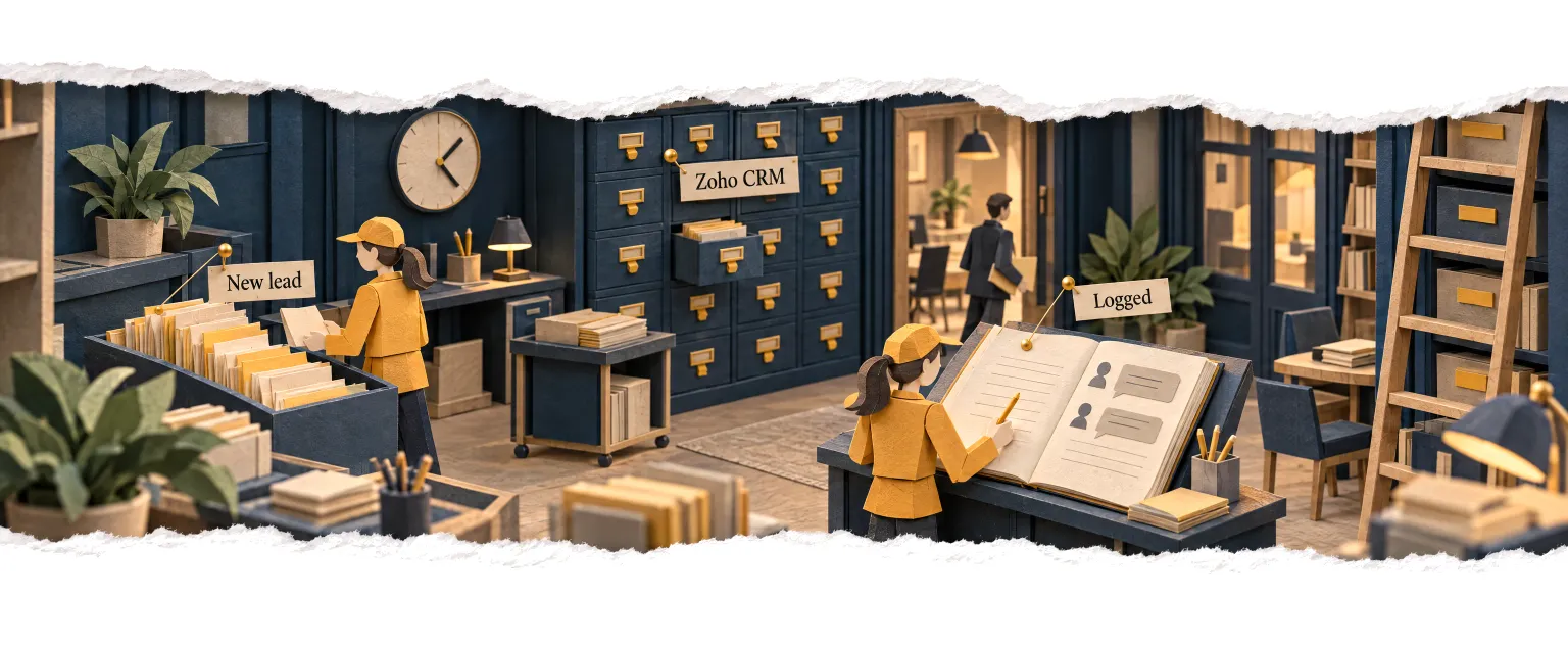 A filing room of leads and deals, the agent opening a new lead and logging the conversation.